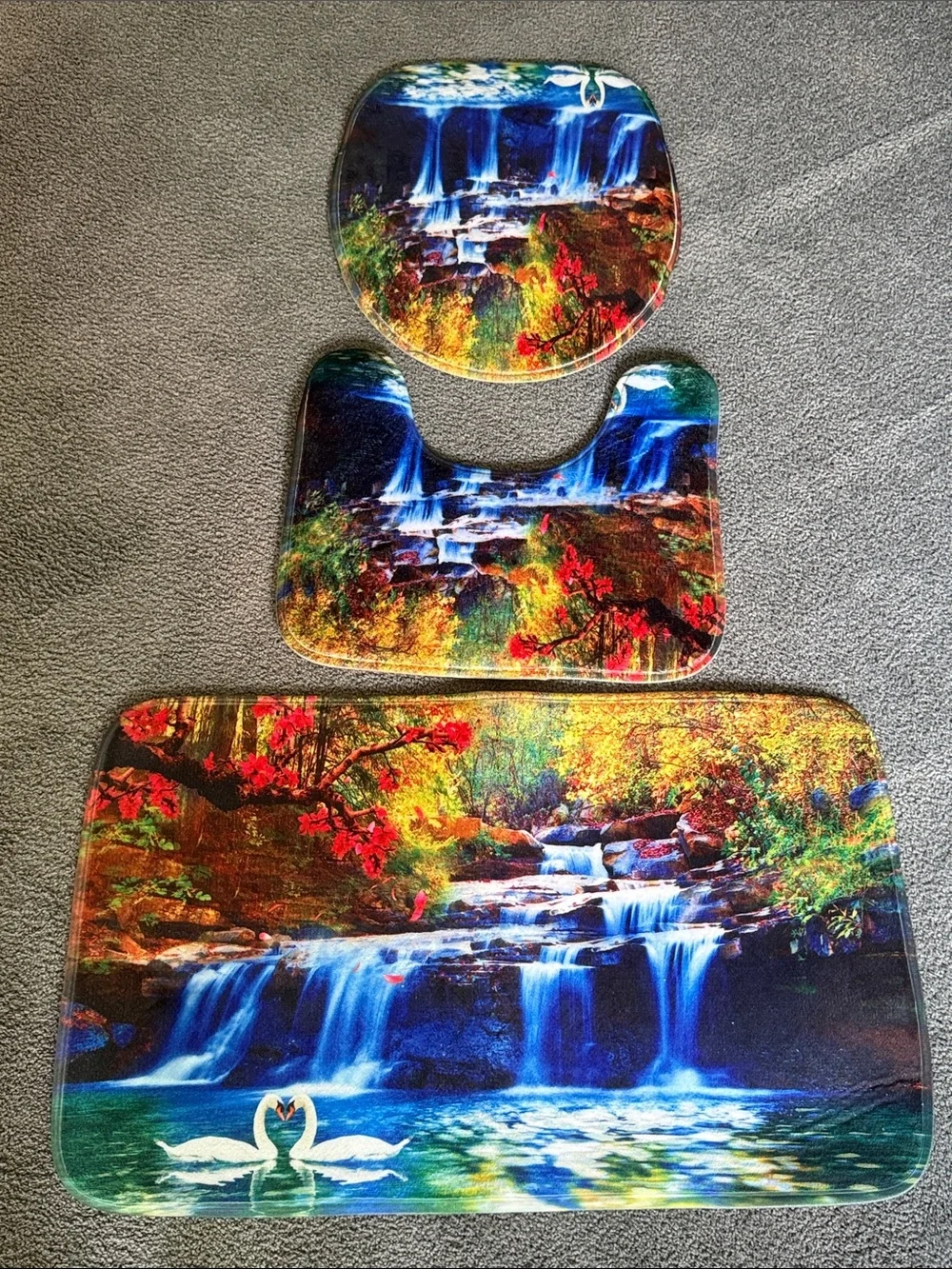 Scenic Waterfall Bath Mat Set in Multicolor with Swans. 3 Pieces. New In Bag